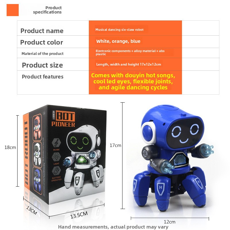 Dancing electric six-clawed little 6 robot with lights and music - children's boy toy