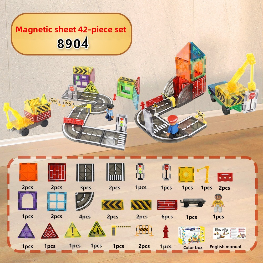 Magnetic building blocks children's city traffic printed road magnetic tiles